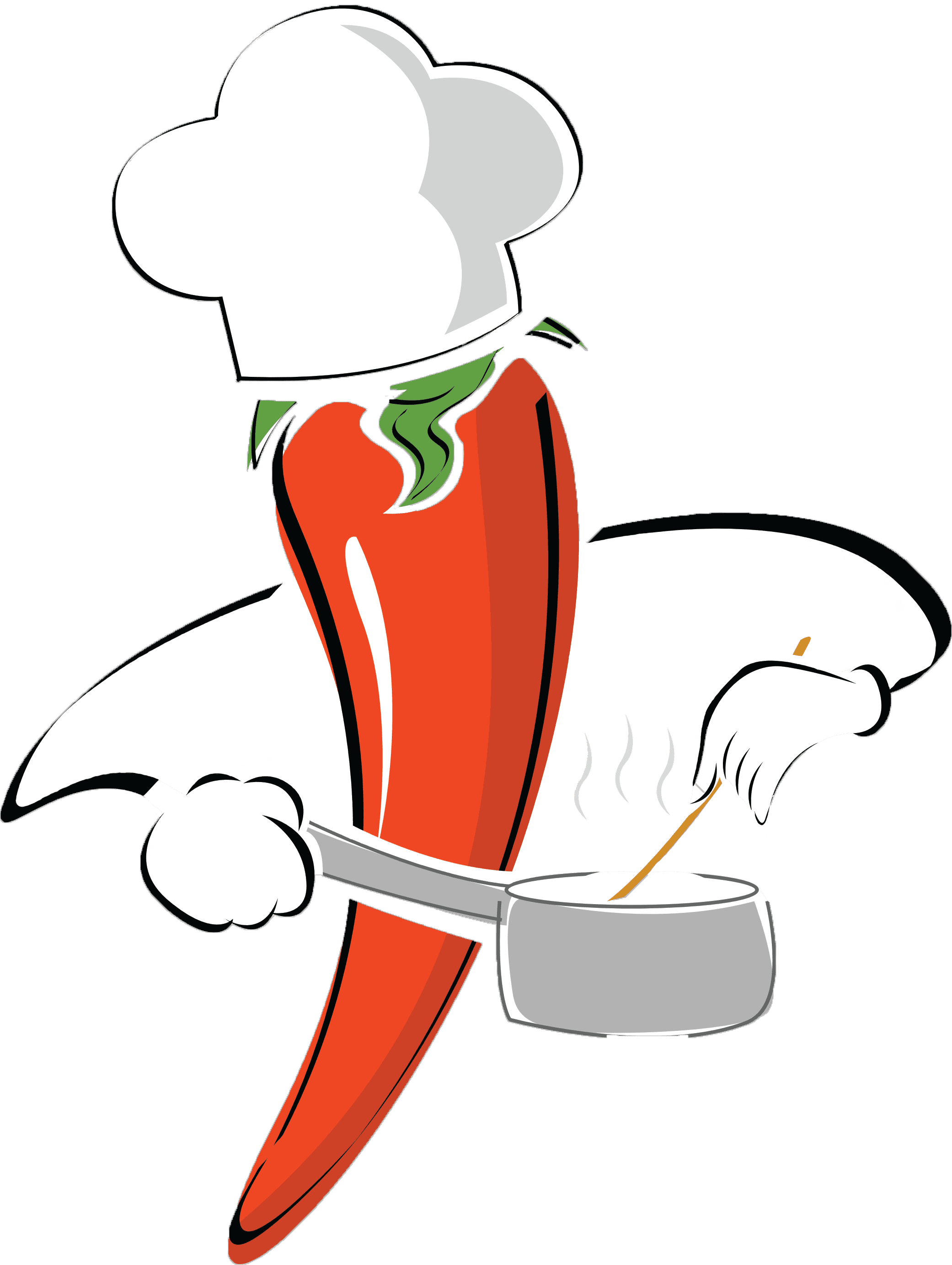 The We Add Spice chef — a red chili pepper in a chef's hat, stirring a pan
